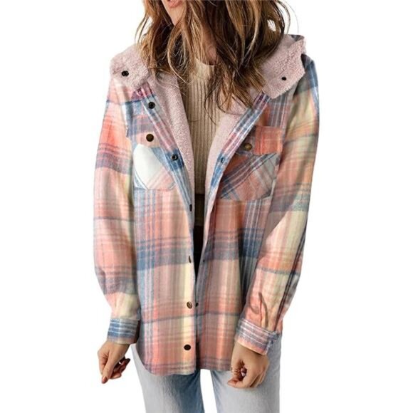 Womens Plaid Shacket Jacket Long Sleeve Button Down Fleece Hooded Jackets - Picture 6 of 6